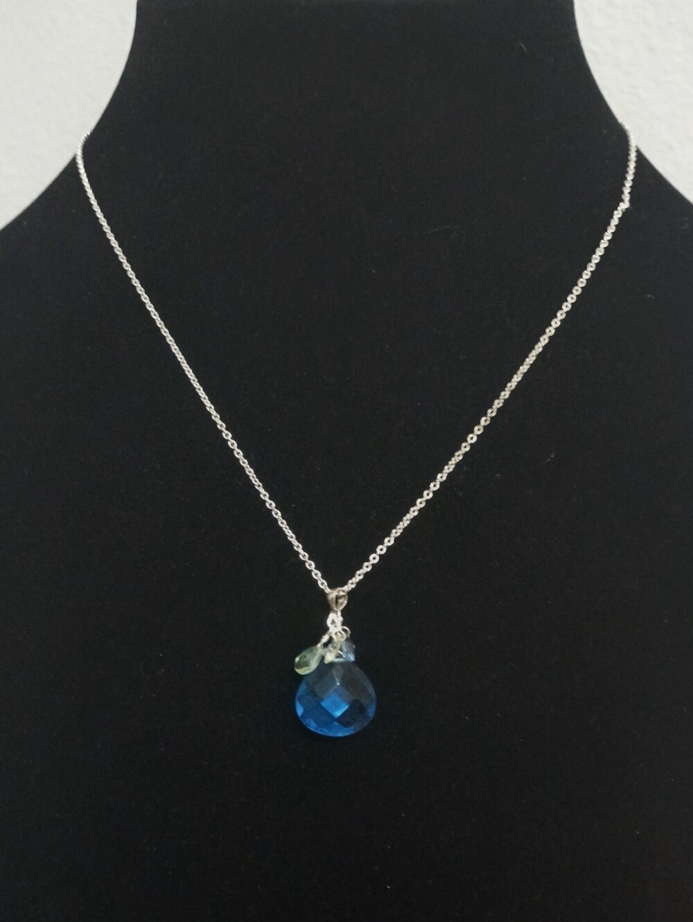 Blue crystal pendant necklace with 3 small teardrop charms-Sri Lanka Chain